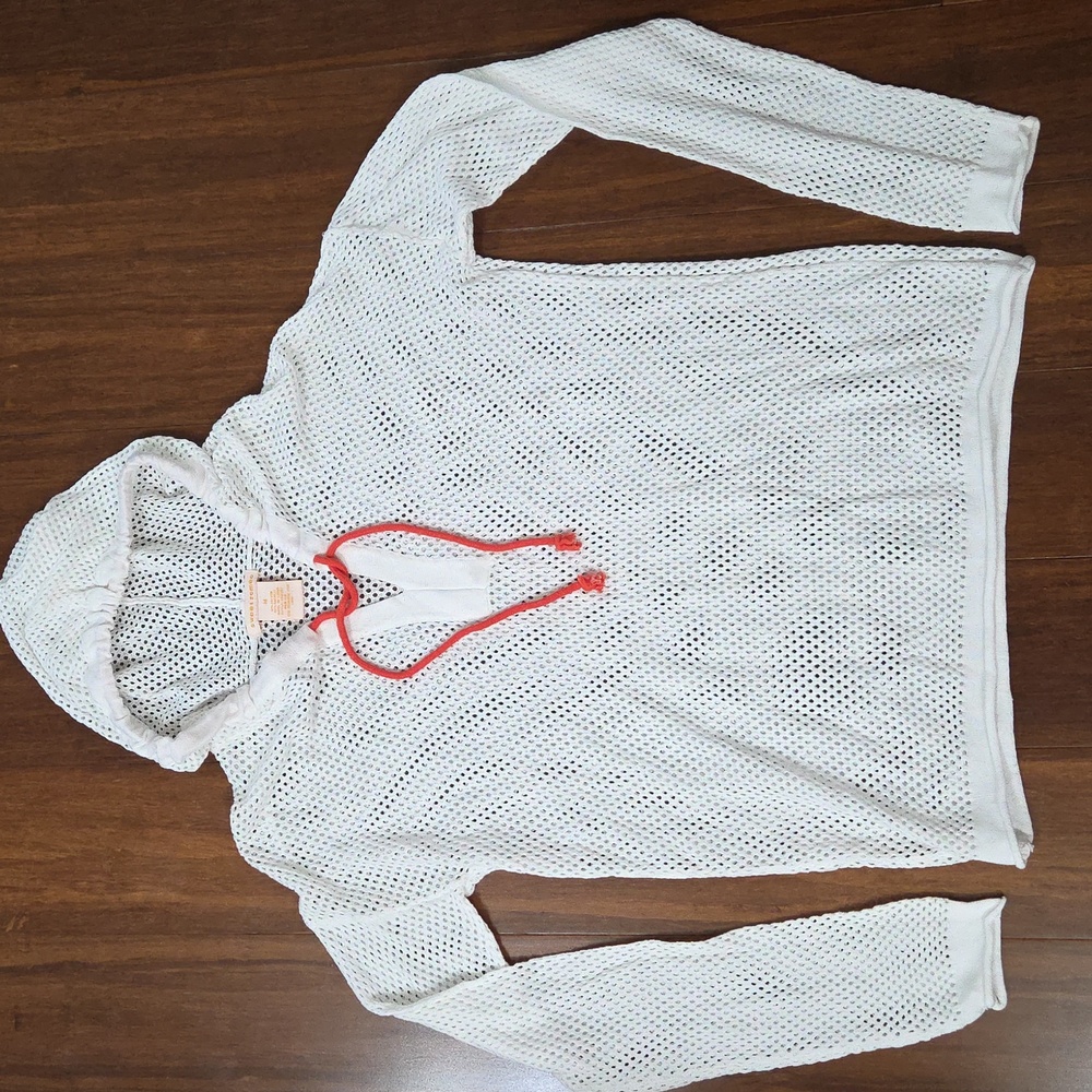 SWEET ROMEO IVORY WHITE OPEN HOLE MESH KNIT COVER UP HOODIE ORANGE STRINGS M